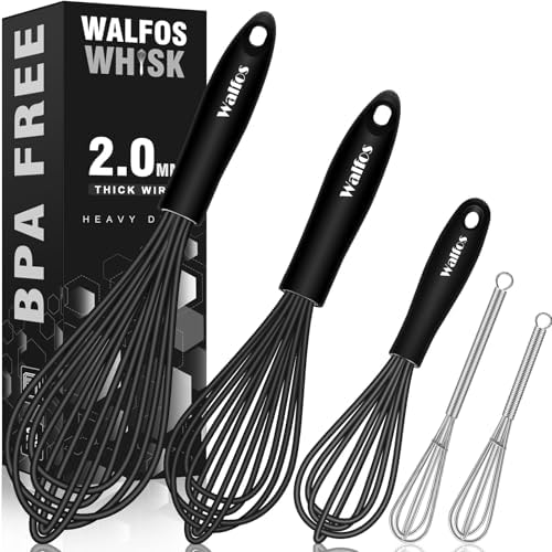 Silicone Whisks set with 7+5in mini stainless steel whisk, Non Scratch Coated by Walfos