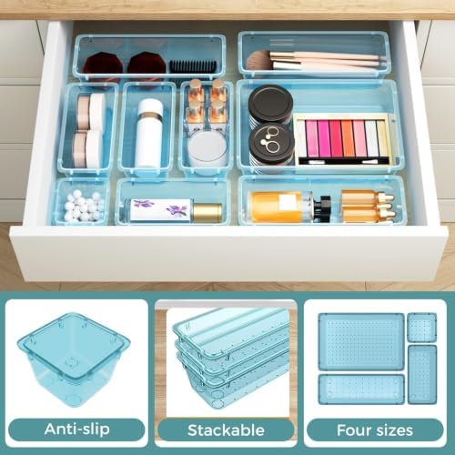 44 PCS Clear Plastic Drawer Organizer Set, 4 Sizes Storage Bins, Sea Blue - Image 4