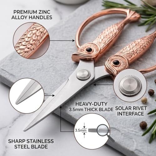 XSNBRD Kitchen Shears Heavy Duty, Rose Gold Stainless Owl Scissors. - Image 3
