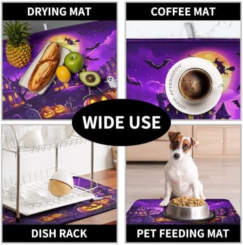 Halloween Dish Drying Mat for Kitchen Counter Witch Castle Bats Ghost Purple - Image 7