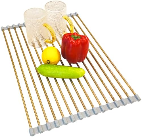 Gold Roll Up Dish Drying Rack Over Sink, Foldable Stainless Steel Drainer by Unknown