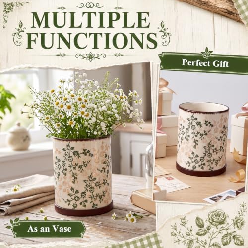Rustic Rotating Ceramic Utensil Holder Brown Green Floral 6.9" - Image 7