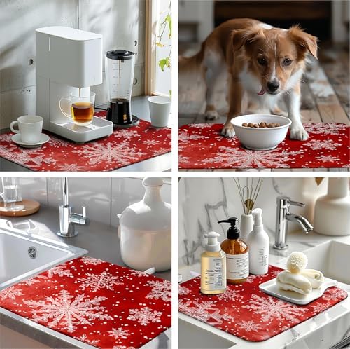 Christmas Dish Drying Mat for Kitchen Counter 18x24 Inch Red Snowflake Xmas - Image 7