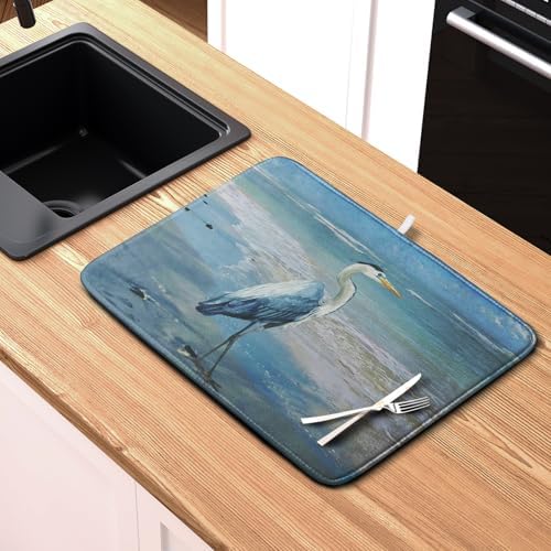 Summer Blue Dish Drying Mat for Kitchen Counter 16x18 Inch Heron Coastal Beach - Image 6
