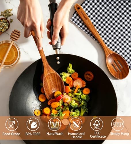 Large Wooden Cooking Spoon Set, Non-Stick Slotted and Corner Serving Spoon - Image 2