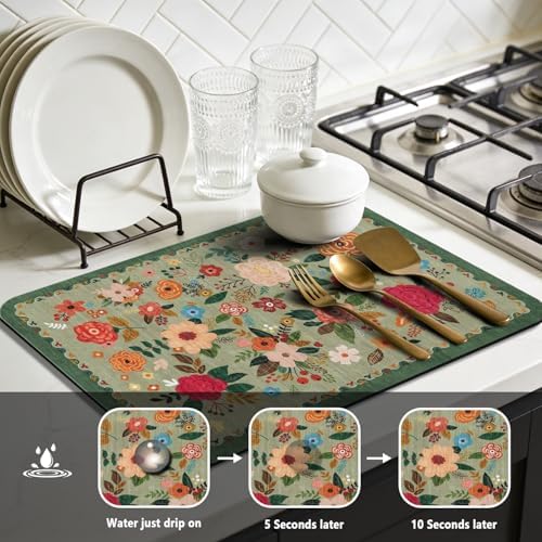 Dish Drying Mat for Kitchen Counter 17x32 Inch, Boho Quick Dry Coffee Mat - Image 3