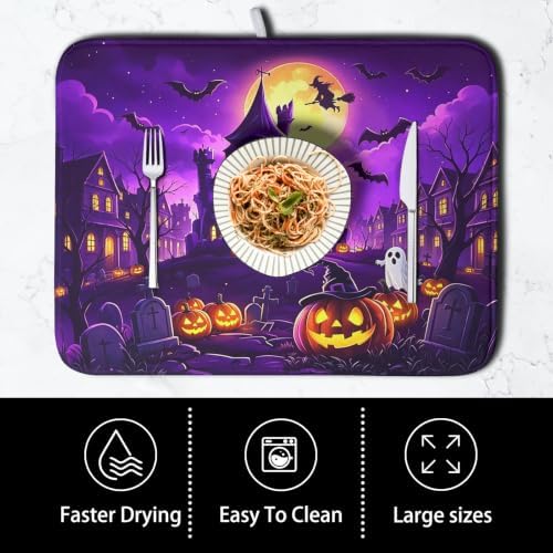Halloween Dish Drying Mat for Kitchen Counter Witch Castle Bats Ghost Purple - Image 4