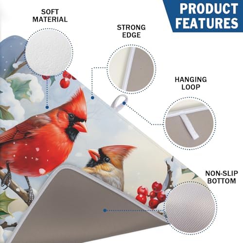 Winter Cardinal Birds Dish Drying Mat, Holly Berry Branches Dish Drying Mat - Image 3