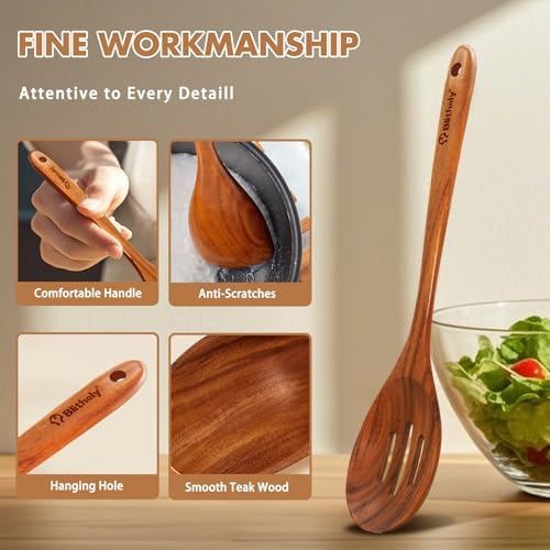 Large Wooden Cooking Spoon Set, Non-Stick Slotted and Corner Serving Spoon - Image 3