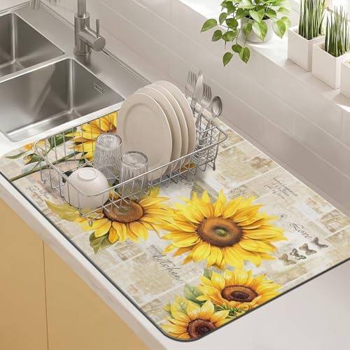 Sunflower Kitchen Countertop Dish Drying Mat, Super Absorbent Coffee Bar Mat by Kuyig+Home