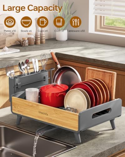 Urackify Modern Dish Rack for Kitchen Counter, Stainless Steel & Bamboo - Image 2