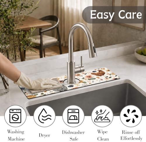 Boho Kitchen Sink Splash Guard Faucet Mat, Watercolor Chicken Hens Floral - Image 7