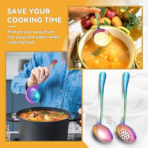 Rainbow Serving Utensils Set Stainless Steel, Slotted Spoons, Soup and Skimmer - Image 6