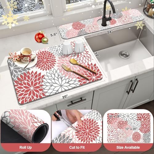 Findosom 2Pcs Floral Christmas Dish Drying Mat & Sink Splash Guard - Image 2