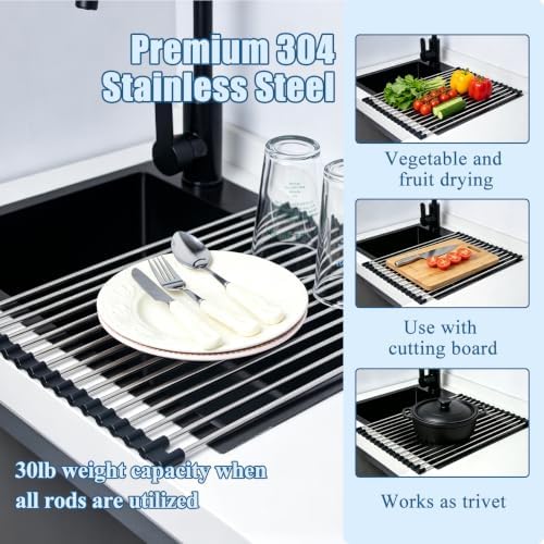 Roll Up Dish Drying Rack Over Sink, Use 304 Stainless Steel, 17.7"x15.7"Black - Image 6