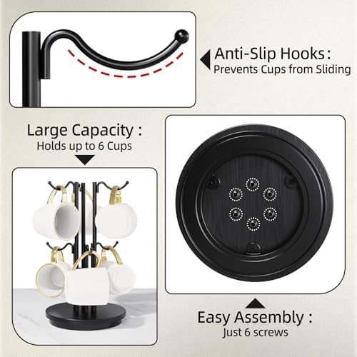 6-Hook 360° Rotating Large Coffee Mug Holder Tree, Wood Base - Image 4