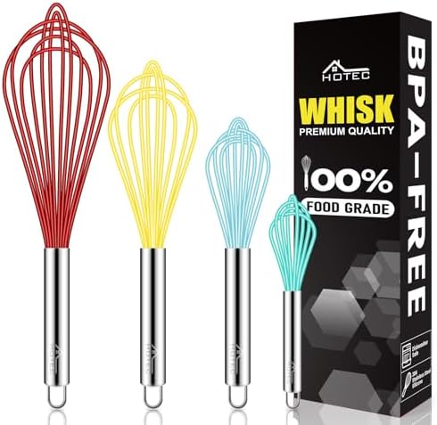 HOTEC 4 Pieces Silicone Whisks Set, Wire Balloon Whisks by Hotec