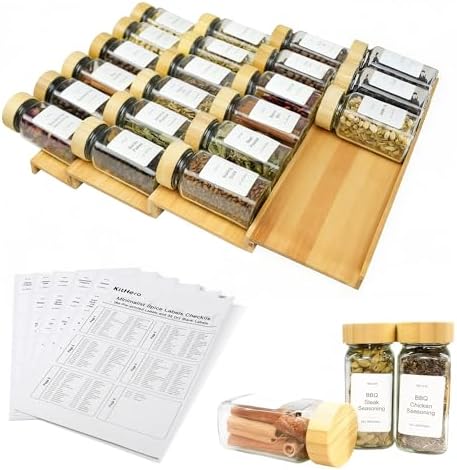 Spice Drawer Organizer with 24 Bamboo-lidded Spice Jars, 216 Labels, 25 by KitHero