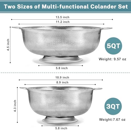 Pleafind Colander for Kitchen - 5 QT & 3 QT Stainless Steel Strainer - Image 2