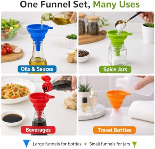 Collapsible Silicone Kitchen Funnels, 4 Pack Food Grade Foldable Funnel Set - Image 4
