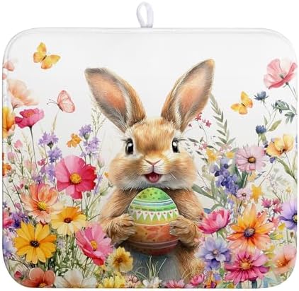 Spring Easter Dish Drying Mat for Kitchen Counter Easter Bunny Rabbit Eggs by Wnoesat