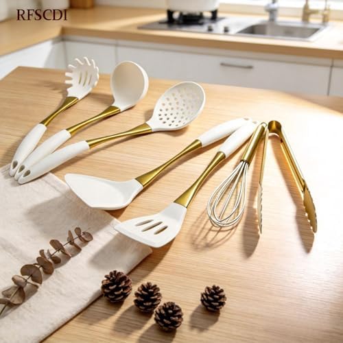 Elegant White Gold Silicone Cooking Utensils Set - Image 2