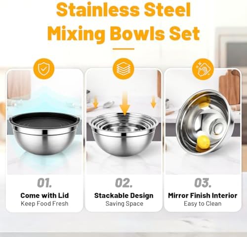 Beasea Mixing Bowls with Lids Set of 5, 1.5/2/2.5/3.4/4/5 QT Stackable Nesting - Image 3