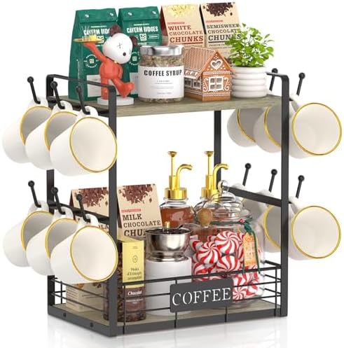EsLuker.ly Coffee Mug Cup Holder Tree Bar Station Organizer, 2 Tier Grey Oak by EsLukerly