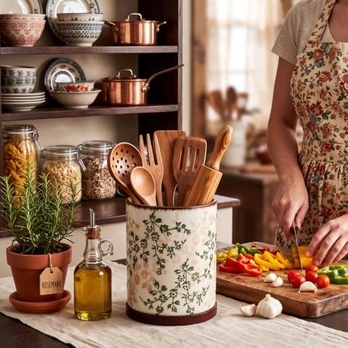 Rustic Rotating Ceramic Utensil Holder Brown Green Floral 6.9" - Image 6