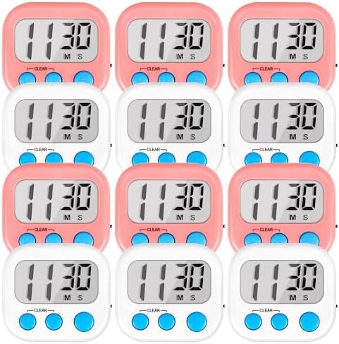 Timer for Kids Digital Kitchen Timers for Cooking- 12 Pack White Pink by AOUCE