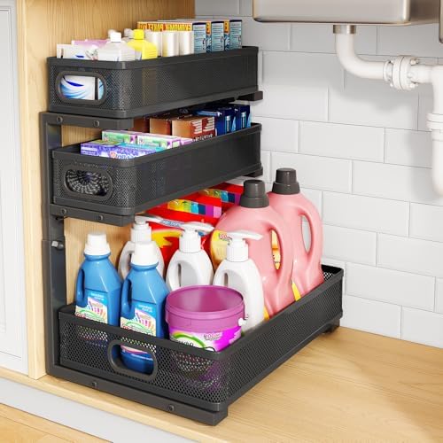 Under Sink Organizer, 3-Tier Thickened Metal Pull out Cabinet Organizer Shelf by HERJOY
