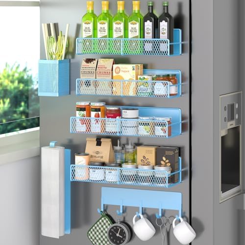 Magnetic Spice Rack for Refrigerator, 7 Pack Metal Magnetic Shelf Blue by DTUQYX