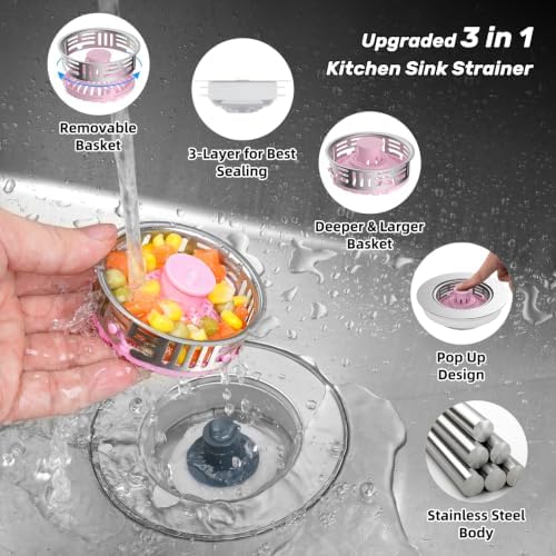 Hibbent 3 in 1 Kitchen Sink Drain Strainer, Metal Pop Up Stopper - Image 2