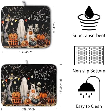 Halloween Dish Drying Mat for Kitchen Counter 16x18 Inch Black Ghost Pumpkins - Image 2