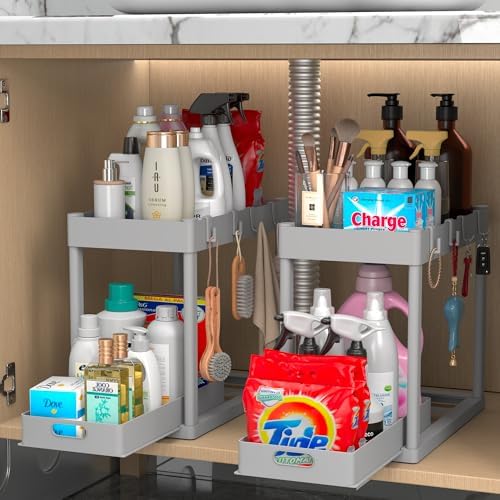 2PC Under Sink Organizer Rack 2 Tier Under Sliding Cabinet Basket Organizer by Pougny