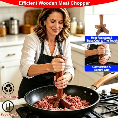Wooden Meat Chopper for Ground Beef, Heat Resistant Hamburger Chopper, - Image 4