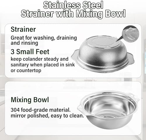 Stainless Steel Colander for Kitchen, 2.5QT Rice Washer Strainer - Image 3