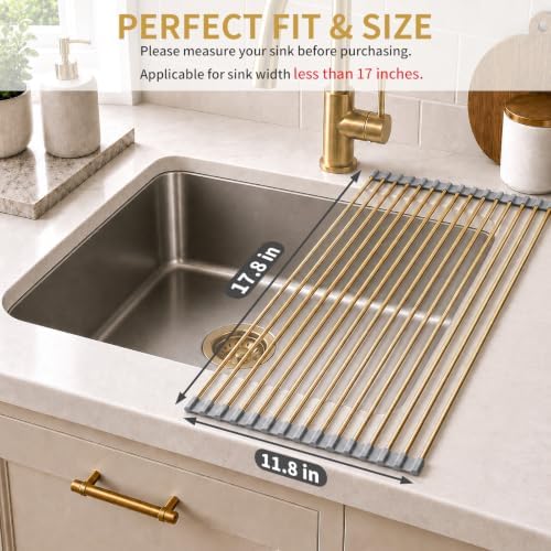 Gold Roll Up Dish Drying Rack Over Sink, Foldable Stainless Steel Drainer - Image 2