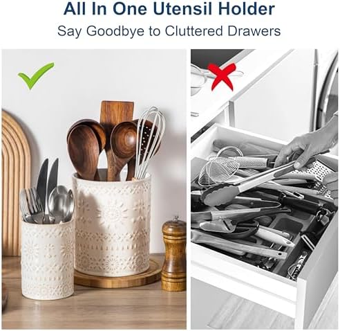 LOVECASA Ceramic Utensil Holder Set of 2, 7.2'' & 5.4'' Kitchen Crocks - Image 3