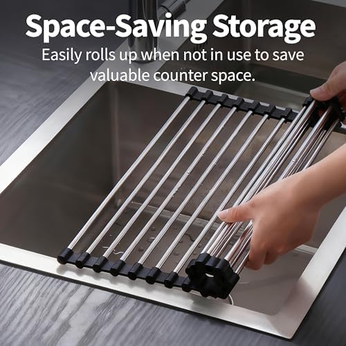 Roll Up Dish Drying Rack for Over Sink -17.5"x11.8" Foldable Stainless Steel - Image 4
