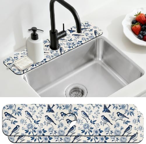 2 Pcs Blue Flowers and Birds Kitchen Sink Splash Guard Faucet Mat by CONCHLERY%E6%97%97%E8%88%B0%E5%BA%97