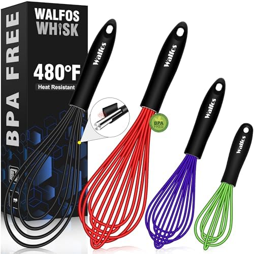 Walfos Whisk, Whisks for Cooking Non Scratch.Silicone Whisk Set of 4 Kitchen by Walfos