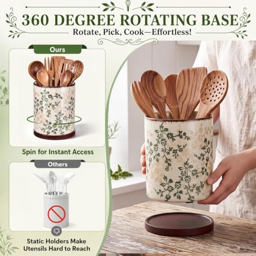 Rustic Rotating Ceramic Utensil Holder Brown Green Floral 6.9" - Image 5