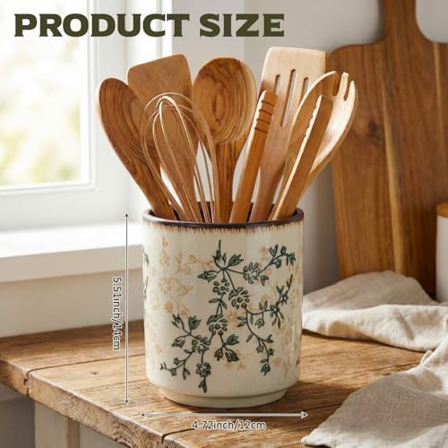 Rustic Ceramic Utensil Holder Brown Green Floral 5.5" - Image 2