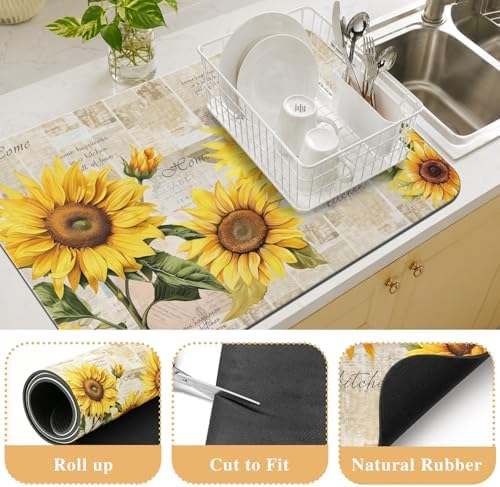 Sunflower Kitchen Countertop Dish Drying Mat, Super Absorbent Coffee Bar Mat - Image 3