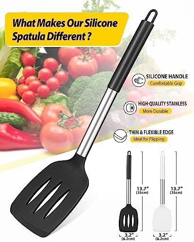 Pack of 2 Silicone Solid Turner, Non Stick Slotted Kitchen Spatulas, High Heat - Image 2