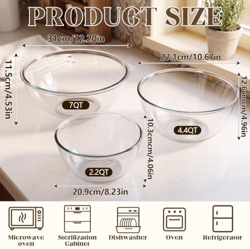 3 Pack Large Glass Mixing Bowl Set 7QT, 2.2QT Borosilicate - Image 2