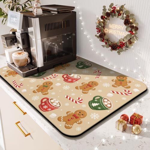 Christmas Gingerbread Coffee Mat 24inx18in, Coffee Bar Mat by Kuyig+Home