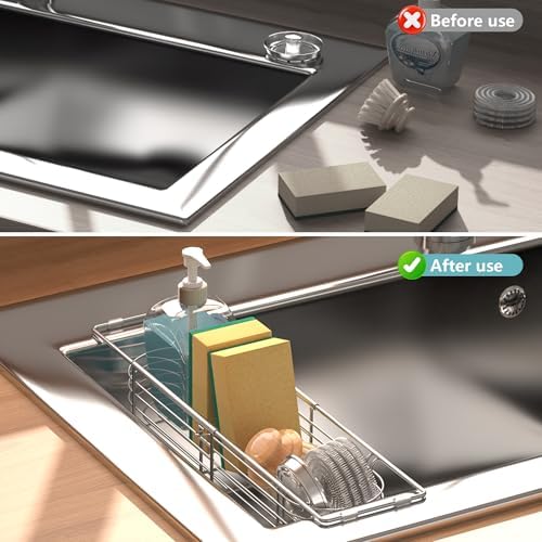 Sink Caddy Sponge Holder Kitchen Sink Organizer Expandable 13.4" to 17.1" - Image 3