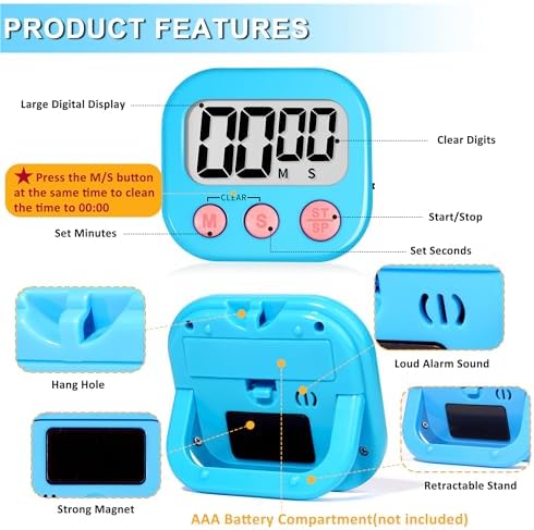 ZILLEEN Digital Kitchen Timers for Cooking Kids Blue Pink 6 Pack - Image 6